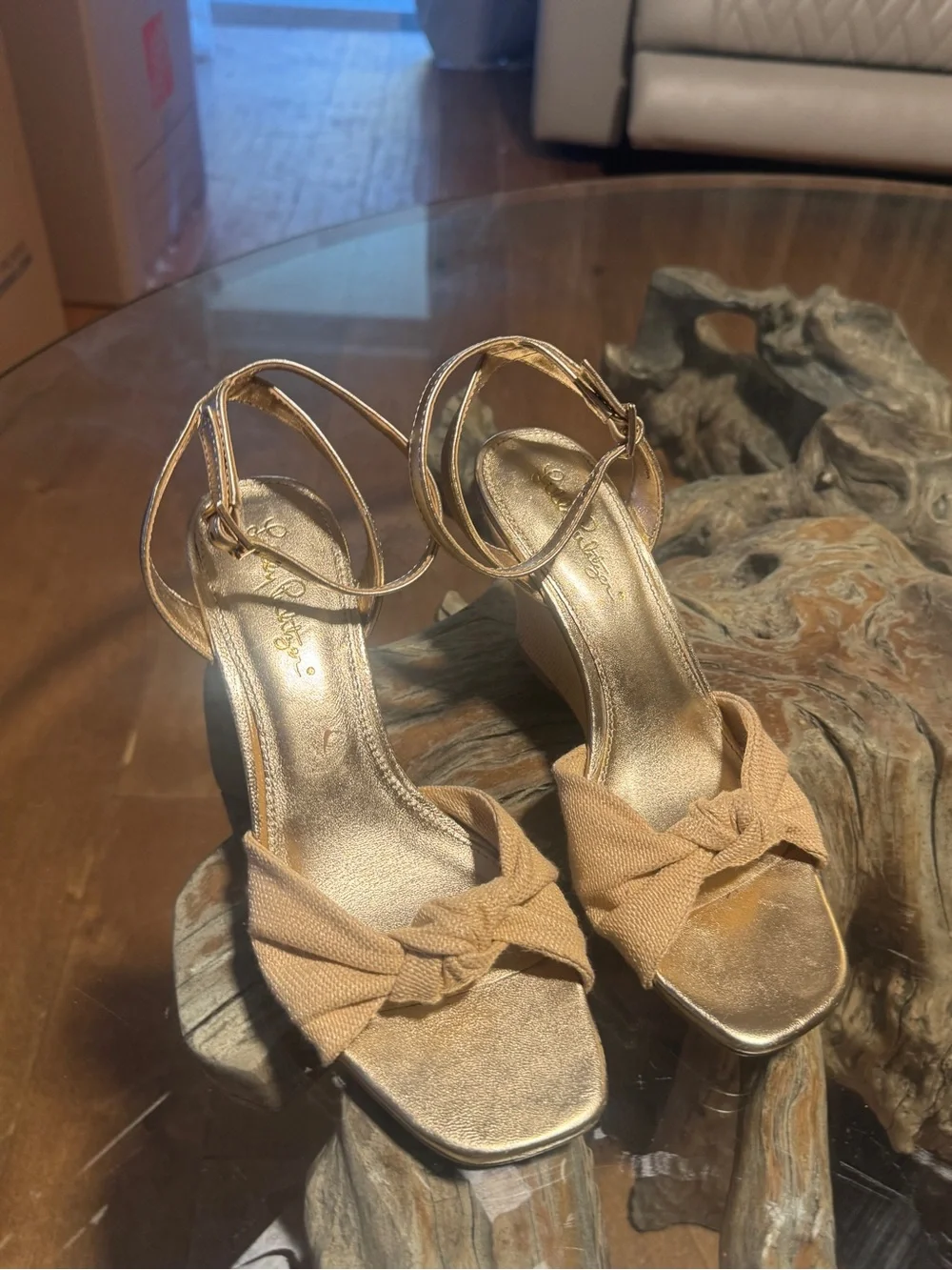 Lilly Pulitzer Gold Metallic & Beige Knotted Wedge Sandals